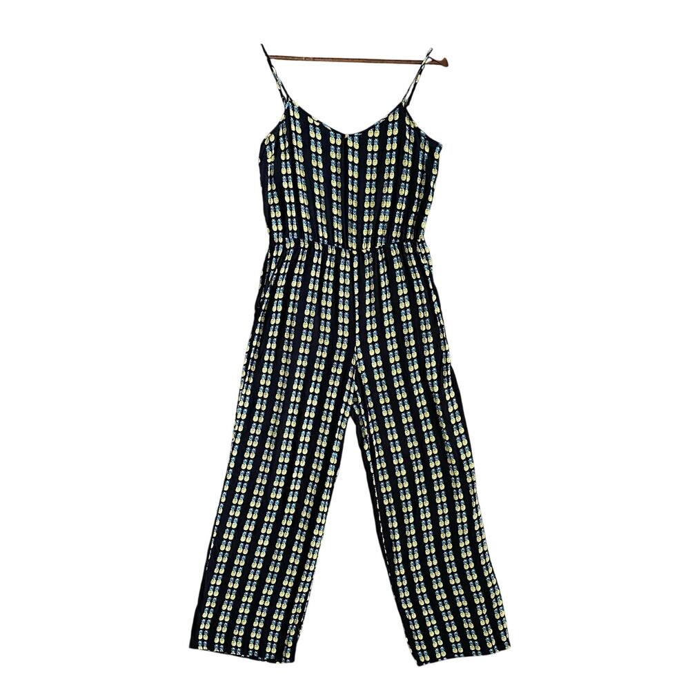 Divided H&M Pineapple Jumpsuit Black Yellow Adjustable Straps Pockets Sz 10 - Picture 2 of 12